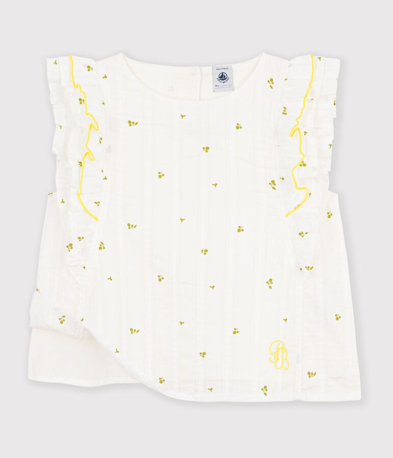 Blouse enfant en coton sans manche imprim&eacute;e fleurs blanc/vert
