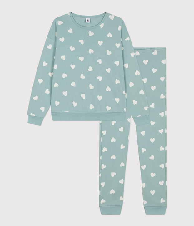 Pyjama c&oelig;ur femme en coton vert/&eacute;cru