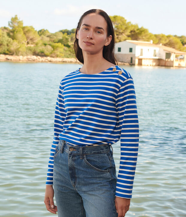 Marini&egrave;re femme en coton manches longues bleu/blanc