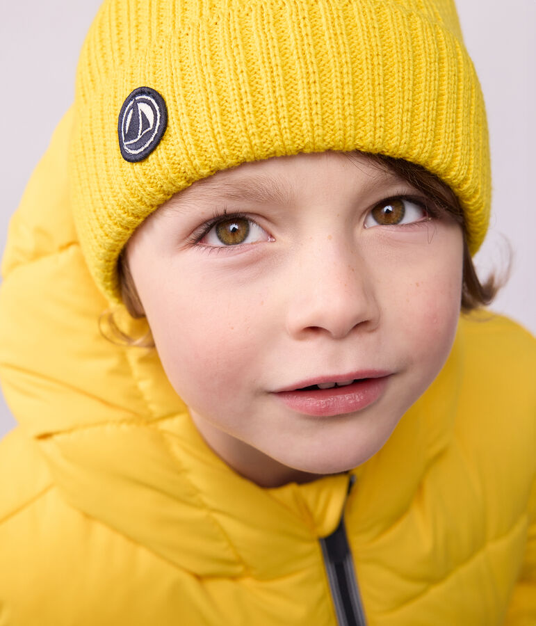 Bonnet enfant en tricot doubl&eacute; en polaire jaune