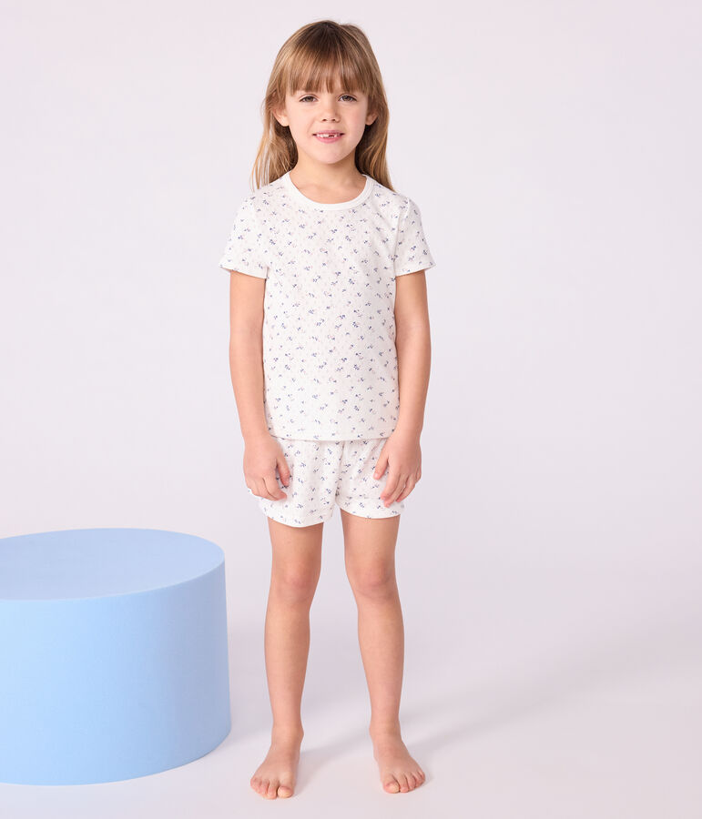 Pyjama short enfant en coton ajour&eacute; imprim&eacute; fleurs blanc MARSHMALLOW/blanc MULTICO