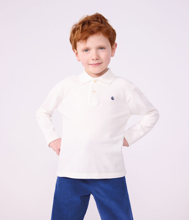 Polo enfant en coton &agrave; manche longues uni blanc