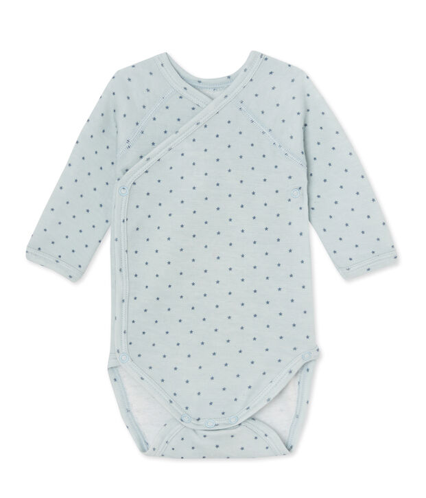 Body naissance b&eacute;b&eacute; gar&ccedil;on manches longues laine et coton bleu/gris