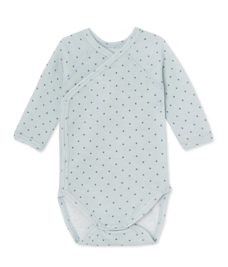 Body naissance b&eacute;b&eacute; gar&ccedil;on manches longues laine et coton bleu/gris