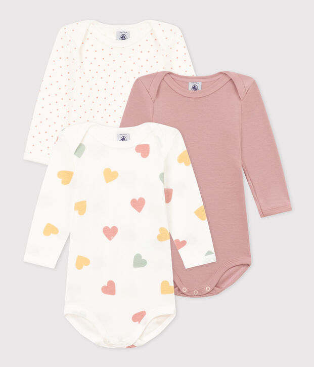Lot de 3 bodies manches longues coeurs b&eacute;b&eacute; en coton multicouleur