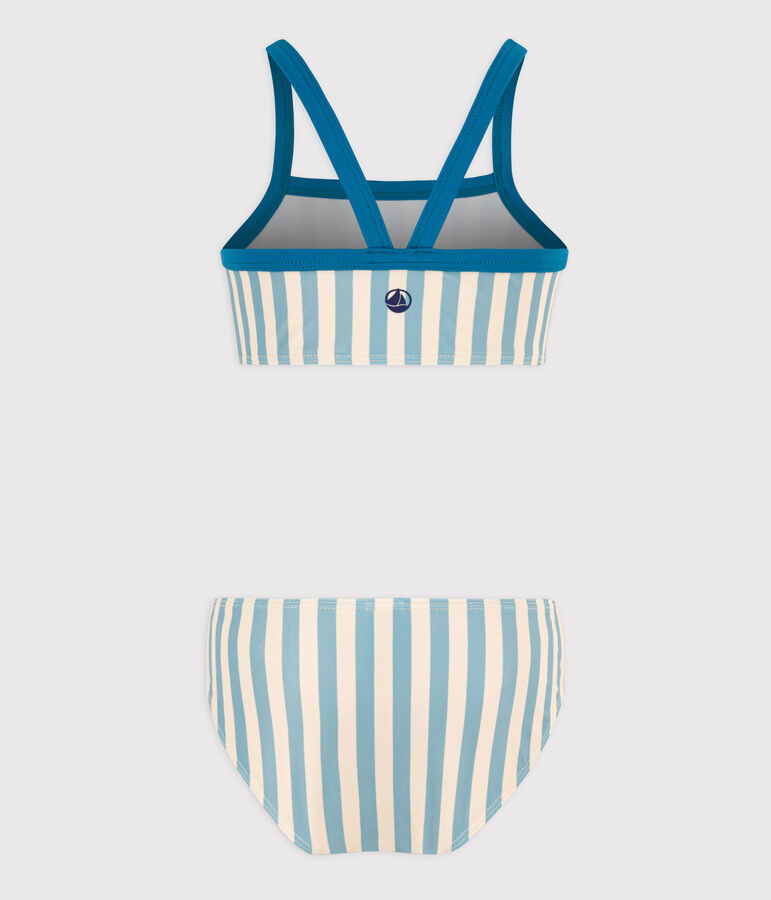 Maillot de bain 2 pi&egrave;ces ray&eacute; enfant fille vert/&eacute;cru