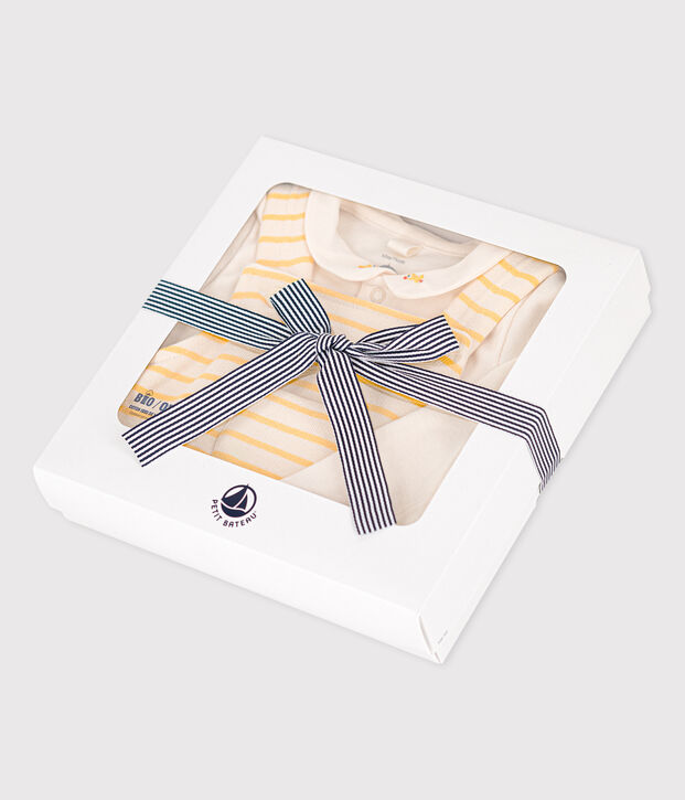 Coffret ensemble salopette et body en coton b&eacute;b&eacute; &eacute;cru/jaune