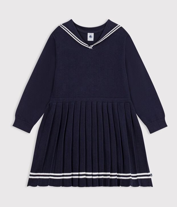 Robe enfant en coton manches longue unie bleu marine