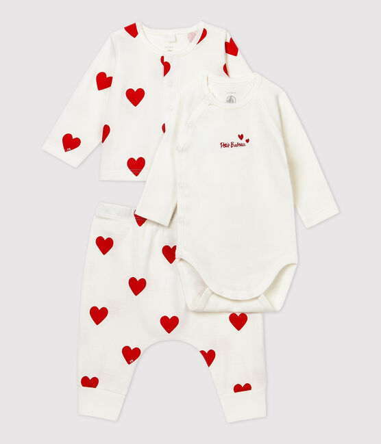Ensemble 3 pièces cœurs rouges bébé en coton biologique blanc MARSHMALLOW/rouge TERKUIT