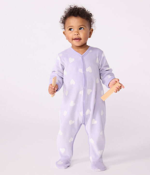 Pyjama b&eacute;b&eacute; en velours imprim&eacute; c&oelig;urs violet/blanc