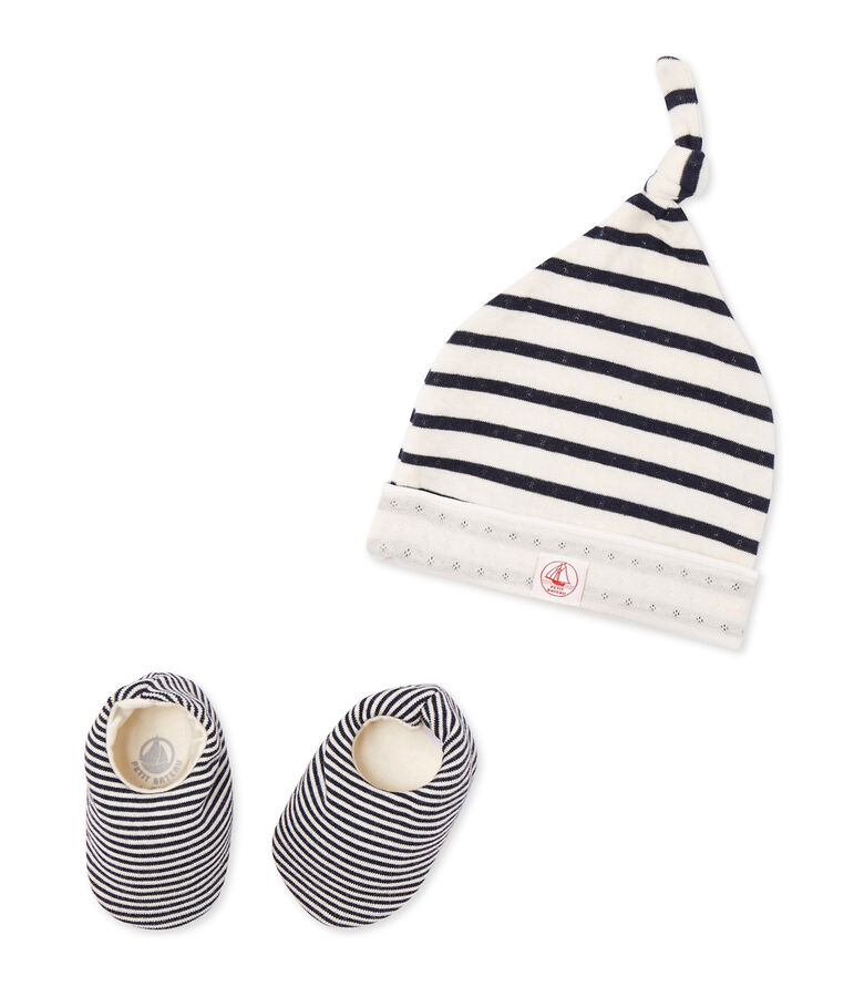 Ensemble bonnet de naissance et chaussons b&eacute;b&eacute; blanc/bleu