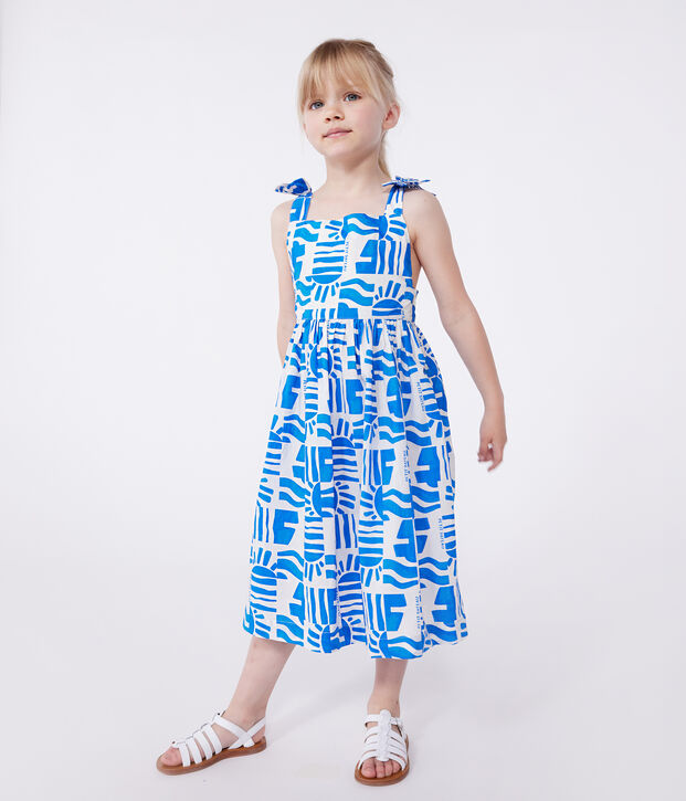 Robe longue &agrave; bretelles enfant en coton imprim&eacute;e bleu/bleu