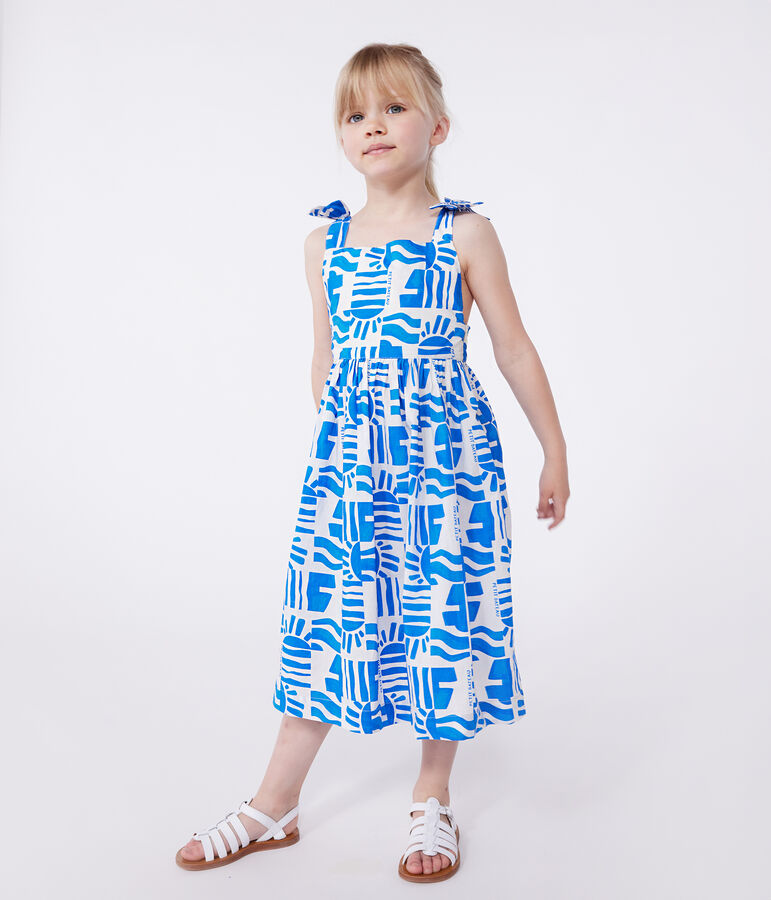Robe longue &agrave; bretelles enfant en coton imprim&eacute;e bleu MARSHMALLOW/ PORCELANA