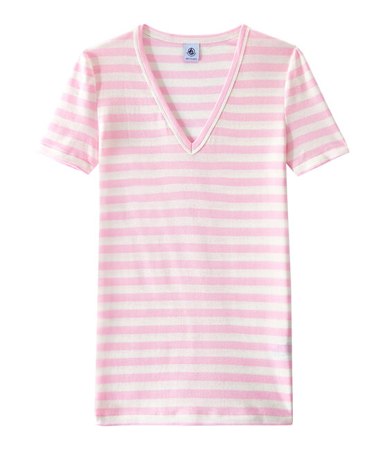 T-shirt femme col V en côte originale rayée rose BABYLONE/blanc MARSHMALLOW