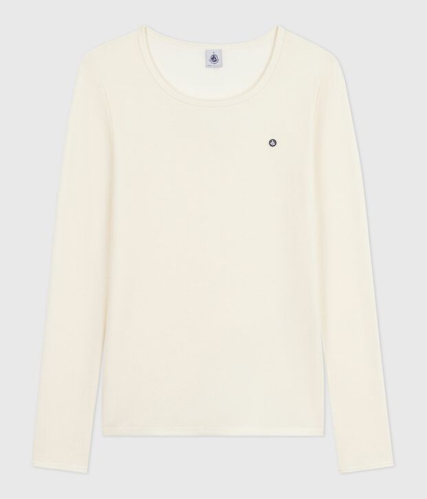 Tee-shirt femme en laine et coton manches longues beige