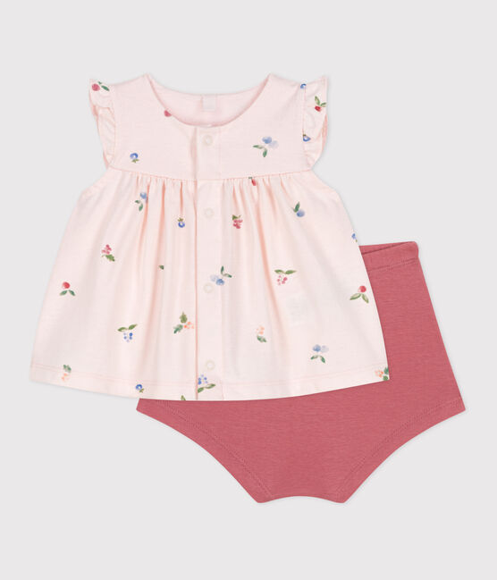 Ensemble naissance deux pièces en coton avec blouse volanté rose FLEUR/blanc MULTICO