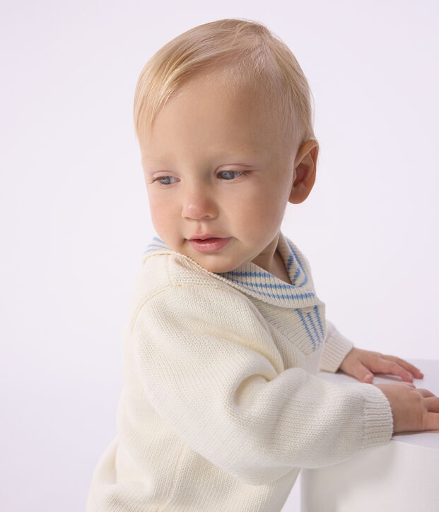 Pull b&eacute;b&eacute; en coton &agrave; col ch&acirc;le ray&eacute; blanc cass&eacute;