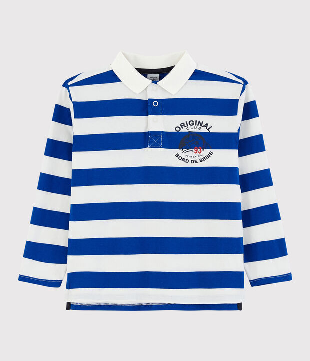 Polo manches longues en jersey enfant gar&ccedil;on bleu/blanc