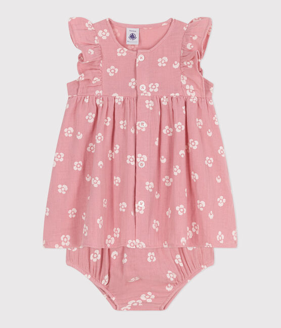 Robe bébé en gaze de coton et son bloomer, imprimée à fleurs rose CHARME/blanc MARSHMALLOW