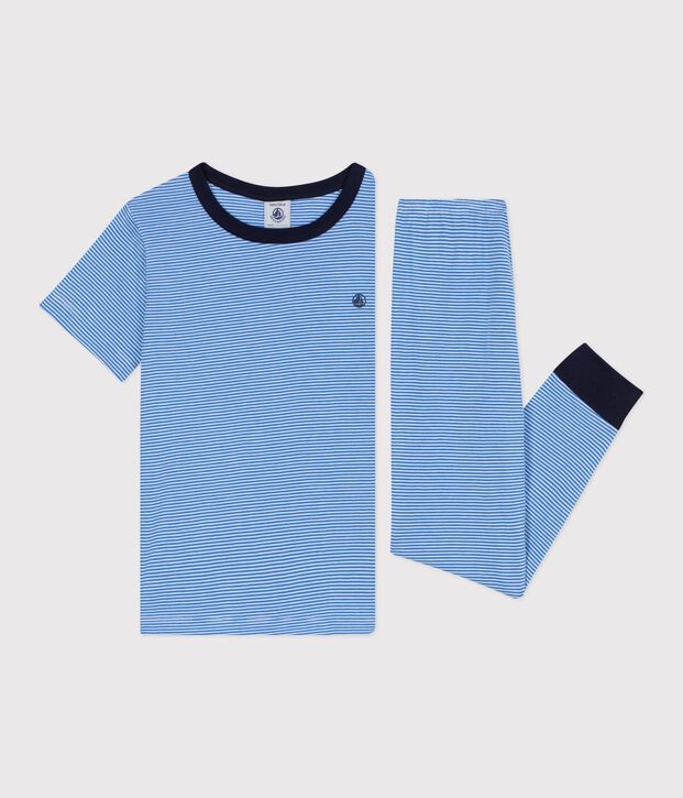 Pyjama enfant en coton manches courtes jambes longues ray&eacute; bleu/blanc
