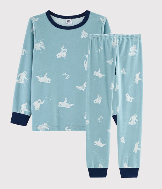 Pyjama imprimé yéti en velours petit garçon bleu BRUME/ MARSHMALLOW
