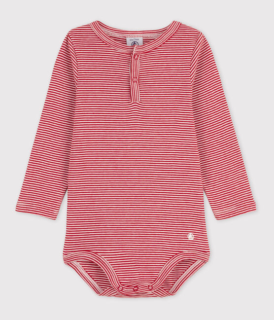 Body manches longues bébé rayé col tunisien en coton STOP/ MARSHMALLOW