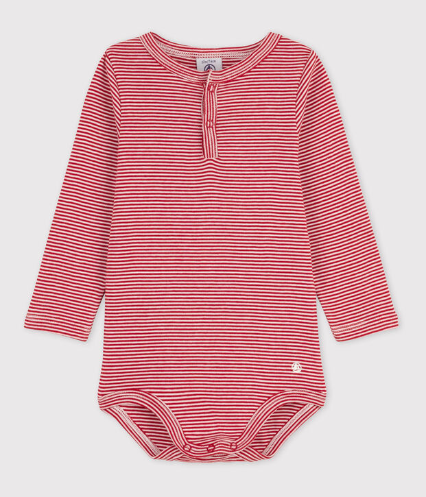 Body manches longues b&eacute;b&eacute; ray&eacute; col tunisien en coton rouge/blanc