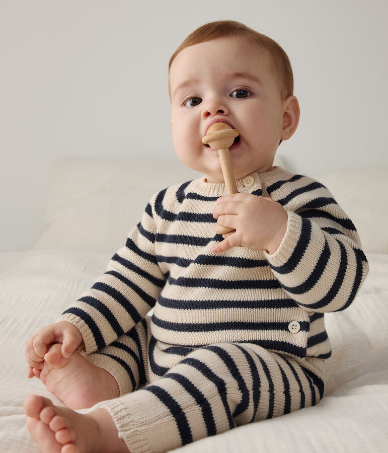 Ensemble en tricot laine et coton rayure marini&egrave;re b&eacute;b&eacute; &eacute;cru/bleu