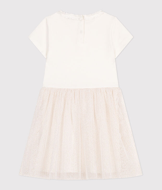 Robe enfant en coton et tulle manches courtes blanc/rose