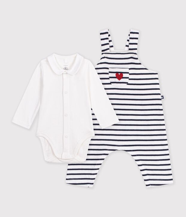 Ensemble salopette et body b&eacute;b&eacute; en coton avec col, &agrave; rayures blanc/bleu
