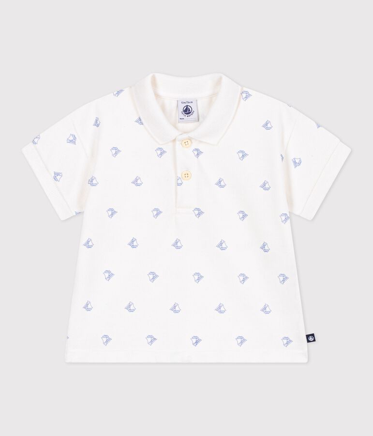 Polo b&eacute;b&eacute; en coton &agrave; manches courtes, imprim&eacute; bateaux vintage blanc/bleu