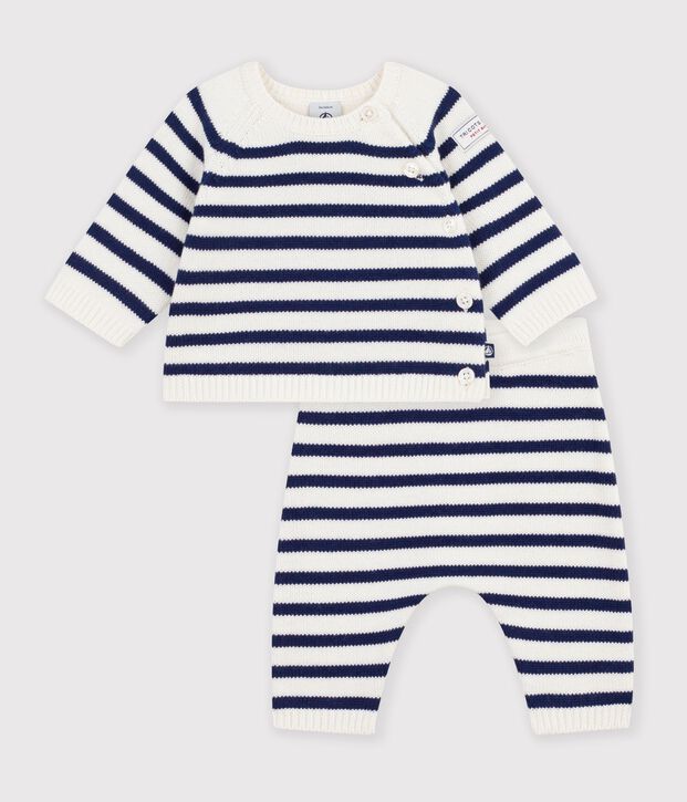Ensemble b&eacute;b&eacute; en tricot &agrave; rayures bleu/bleu
