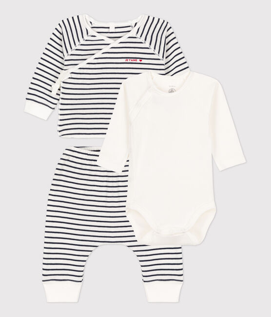 Ensemble 3 pièces iconique en coton bio bébé blanc MARSHMALLOW/bleu SMOKING