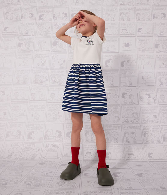 Robe manches courtes en coton enfant fille bleu MEDIEVAL/blanc MARSHMALLOW