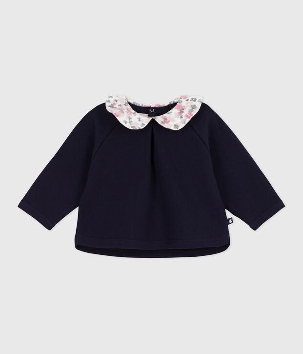 Sweatshirt b&eacute;b&eacute; en coton uni avec son col imprim&eacute; bleu marine