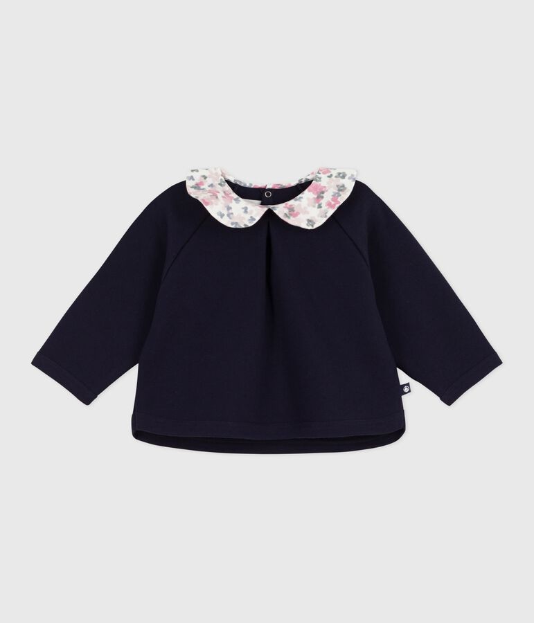 Sweatshirt b&eacute;b&eacute; en coton uni avec son col imprim&eacute; bleu