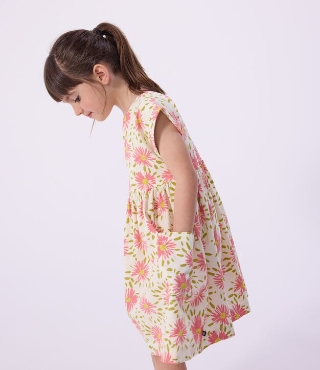 Robe enfant manches courtes en coton &agrave; fleurs blanc/multicouleur