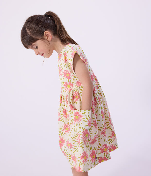 Robe enfant manches courtes en coton &agrave; fleurs blanc/multicouleur
