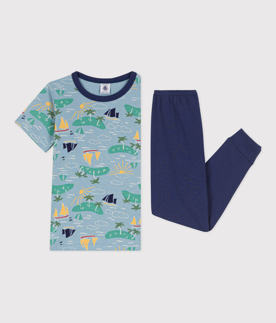 Pyjama manches courtes explorateur en coton petit garçon bleu CHALOUPE/blanc MULTICO