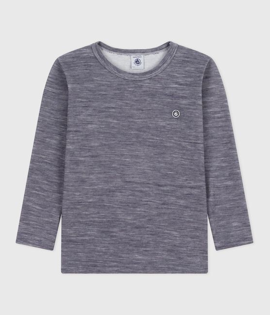 Tee-shirt enfant en laine et coton manches longues à rayures bleu SOIR/ MARSHMALLOW