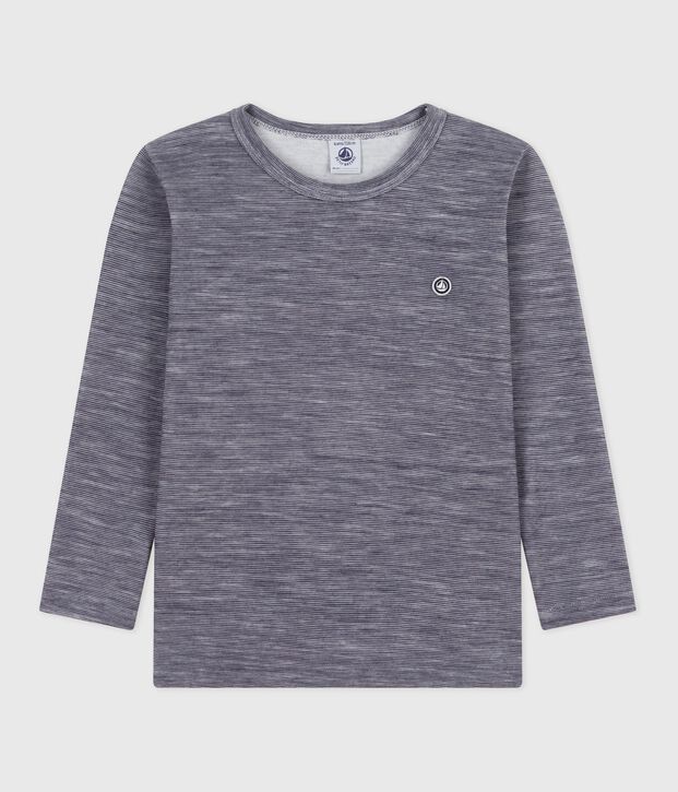 Tee-shirt enfant en laine et coton manches longues &agrave; rayures bleu/blanc