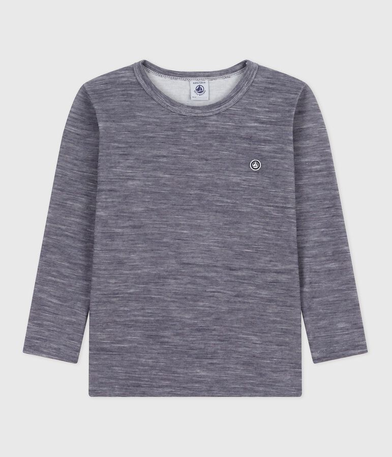 Tee-shirt enfant en laine et coton manches longues &agrave; rayures bleu SOIR/ MARSHMALLOW