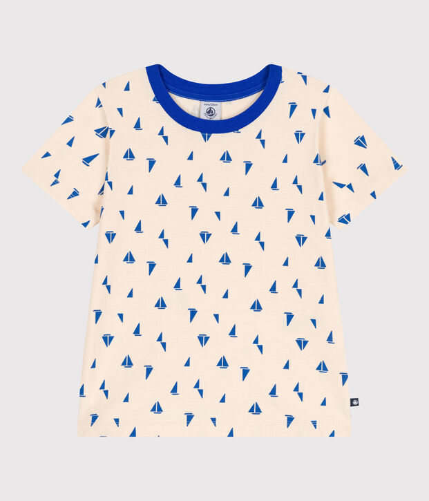 Teeshirt enfant en coton manches courtes imprim&eacute; &eacute;cru/bleu