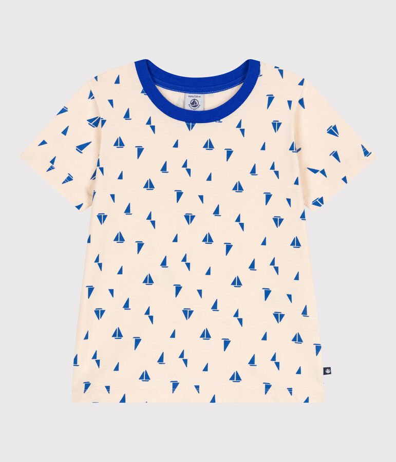 Teeshirt enfant en coton manches courtes imprim&eacute; &eacute;cru/bleu