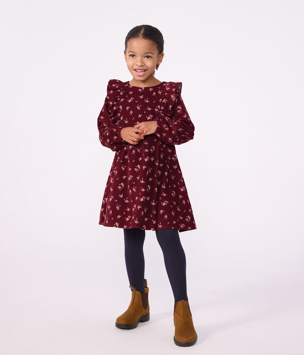 Robe enfant en velours manches longues &agrave; fleurs rouge/multicouleur