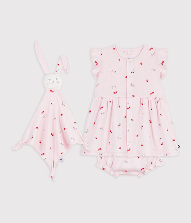 Ensemble cadeau b&eacute;b&eacute; robe et doudou en coton imprim&eacute;s fleurs rose/multicouleur