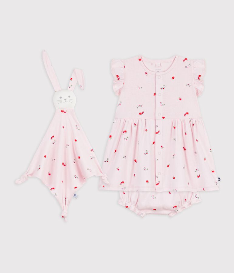 Ensemble cadeau b&eacute;b&eacute; robe et doudou en coton imprim&eacute;s fleurs rose/multicouleur