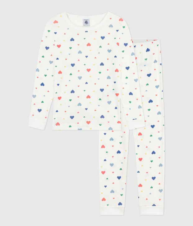 Pyjama enfant en coton tr&egrave;s ajust&eacute; imprim&eacute; c&oelig;urs blanc/multicouleur