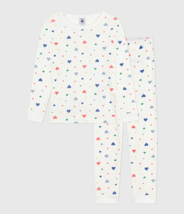Pyjama enfant en coton tr&egrave;s ajust&eacute; imprim&eacute; c&oelig;urs blanc MARSHMALLOW/blanc MULTICO