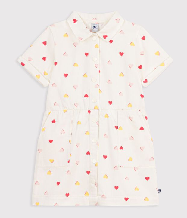 Robe enfant en coton manches courtes imprim&eacute; c&oelig;urs &eacute;cru/multicouleur